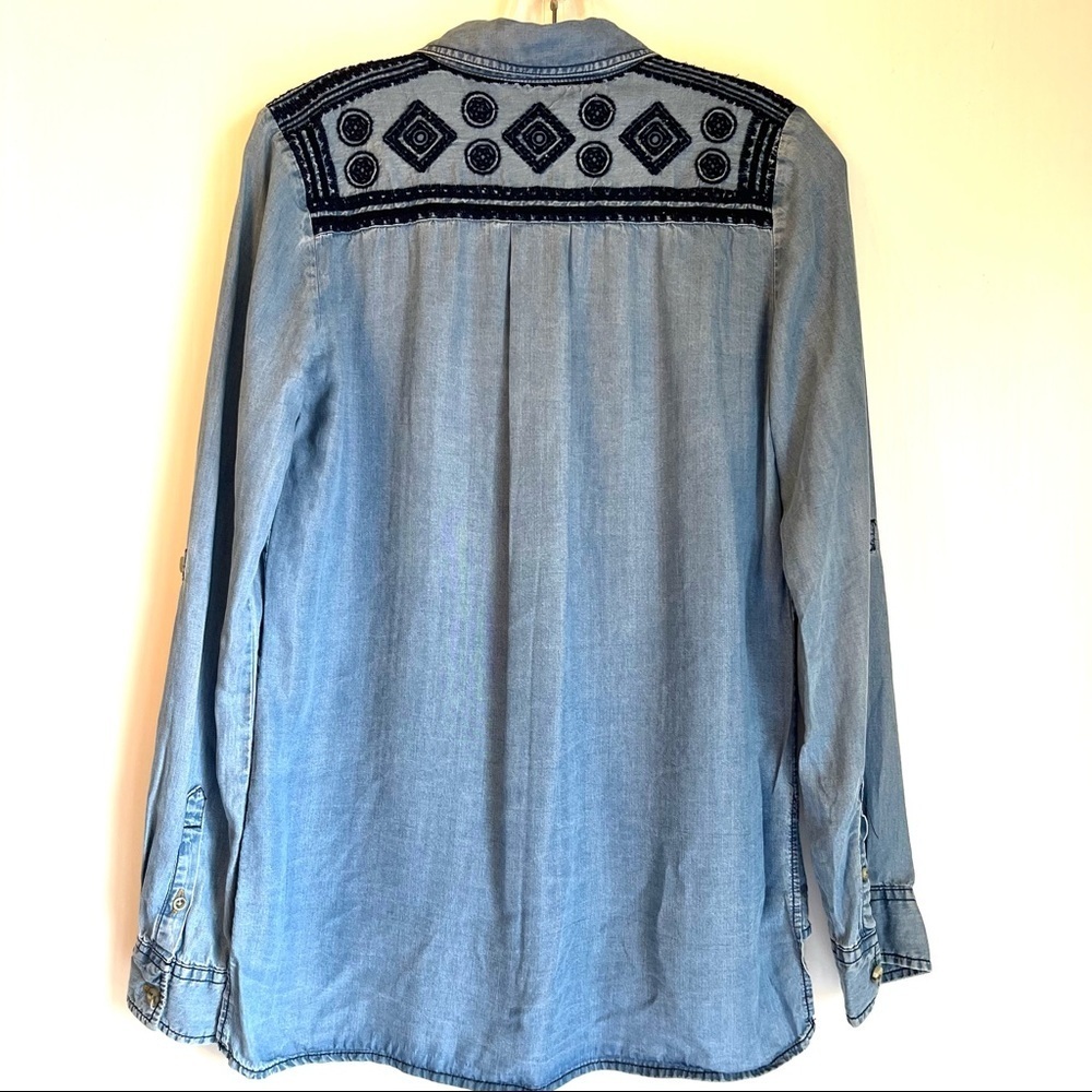 Chambray Embroidered Button Up Shirt Boho Style Western Chic Festival Ready